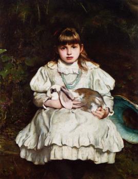 弗蘭尅 霍爾 Portrait of a Young Girl Holding a Pet Rabbit